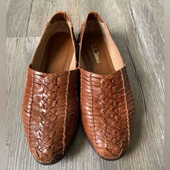 VTG LL Bean Huaraches Woven Slip On Sandal Mary Jane Shoes Leather Brown 6 6.5 - Picture 1 of 15